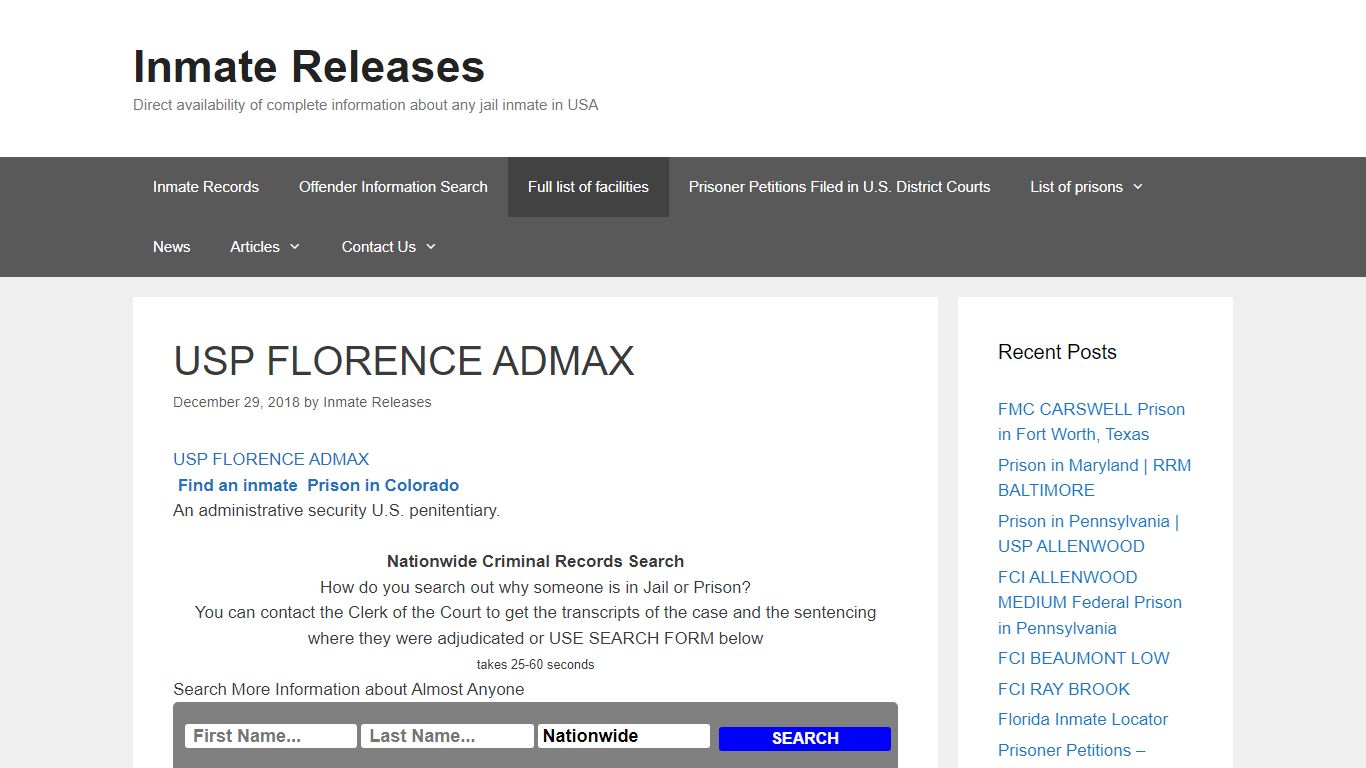 USP FLORENCE ADMAX – Inmate Releases